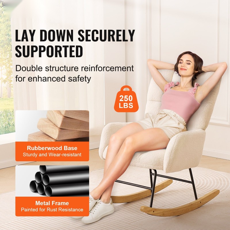 Keinutuoli teddy-kangas kumipuujalusta metallirunko 113,4 kg kantavuus korkeaselkäinen norsunluunvalkoinen imetystuoli