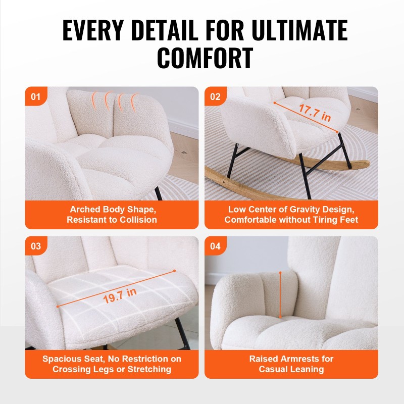 Keinutuoli teddy-kangas kumipuujalusta metallirunko 113,4 kg kantavuus korkeaselkäinen norsunluunvalkoinen imetystuoli