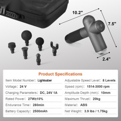 Syväkudoshierontapistooli 8 säädettävää nopeustasoa 6 vaihdettavaa hierontapäätä 24V 2500mAh akku kädessä pidettävä