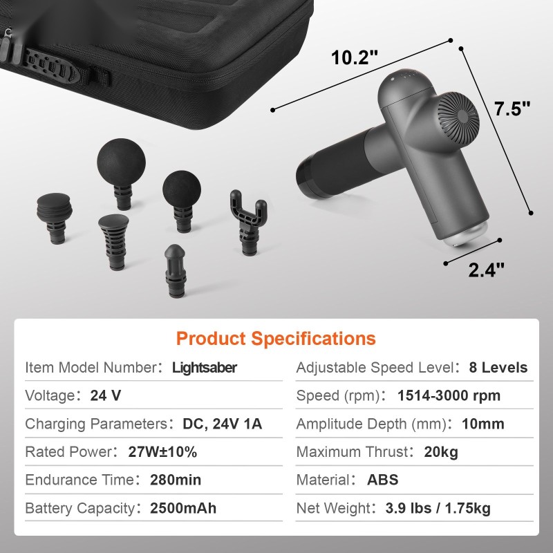 Syväkudoshierontapistooli 8 säädettävää nopeustasoa 6 vaihdettavaa hierontapäätä 24V 2500mAh akku kädessä pidettävä