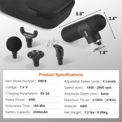 Pieni hierontavasara syväkudoshierontaan ABS-muovi 4 nopeustasoa 4 hierontapäätä 7,4 V 2500 mAh