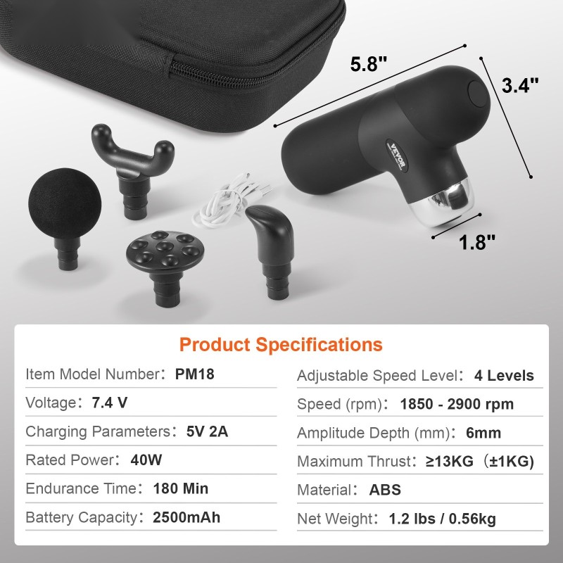 Pieni hierontavasara syväkudoshierontaan ABS-muovi 4 nopeustasoa 4 hierontapäätä 7,4 V 2500 mAh