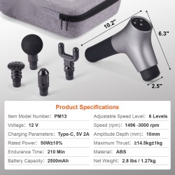 Käsikäyttöinen hierontavasara syväkudoshierontaan 10 mm iskusyvyys 6 nopeustasoa 12V 2500mAh akku