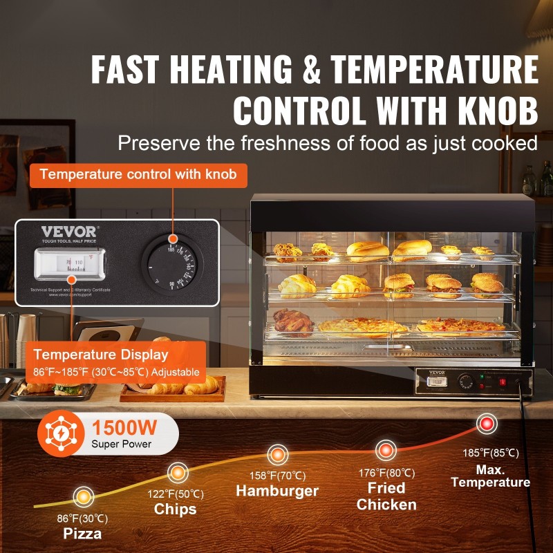 3-tasoinen lämpövitriini 130 l höyrylämmitys säädettävät hyllyt 30–85°C