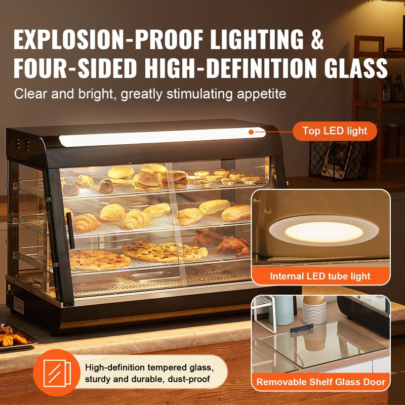 3-tasoinen lämpövitriini 130 l höyrylämmitys säädettävät hyllyt 30–85°C