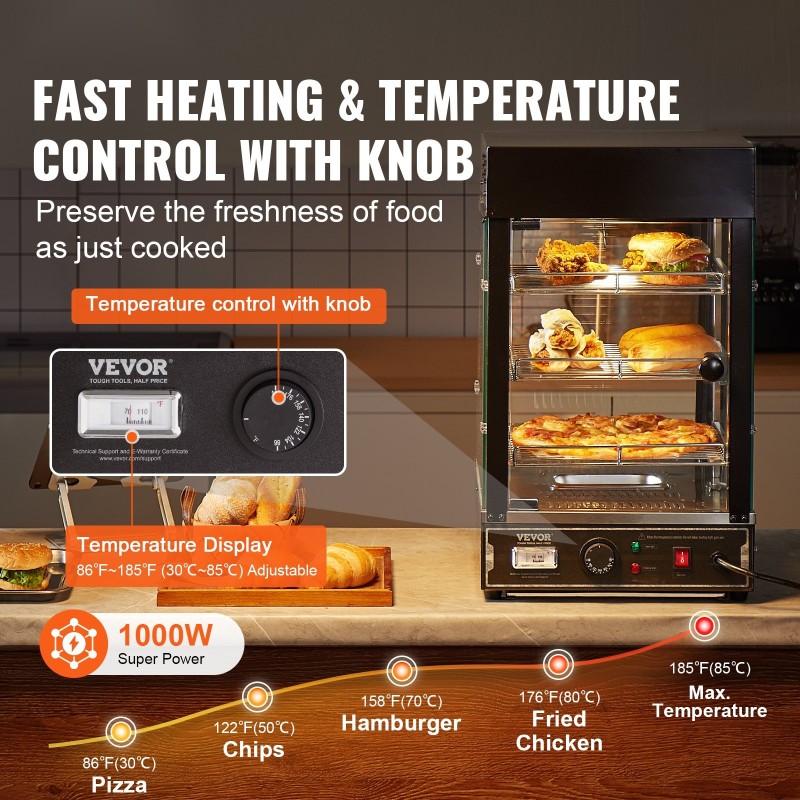 Kolmitasoinen lämpövitriini 57 l höyrylämmitys 1000 W ruostumatonta terästä ja karkaistua lasia