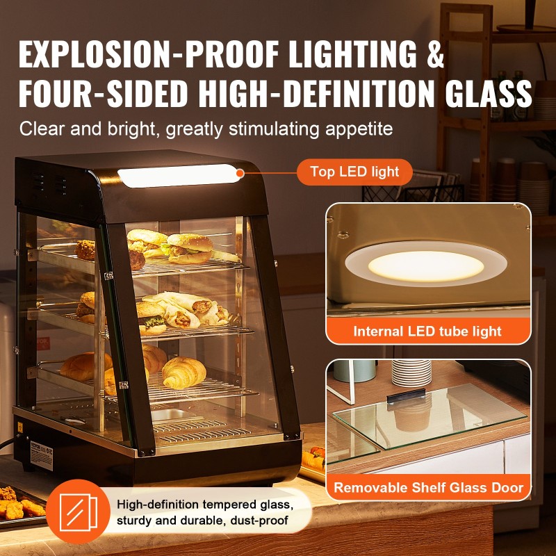 Kolmitasoinen lämpövitriini 57 l höyrylämmitys 1000 W ruostumatonta terästä ja karkaistua lasia