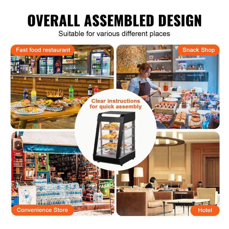 Kolmitasoinen lämpövitriini 57 l höyrylämmitys 1000 W ruostumatonta terästä ja karkaistua lasia