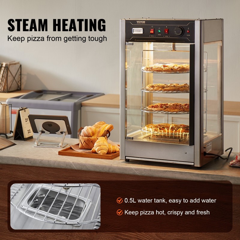 Lämpökaappi lasivitriinillä nelitasoinen 14 tuuman pizzoille lämpötilansäädöllä höyrylämmityksellä pyörivällä rakenteella