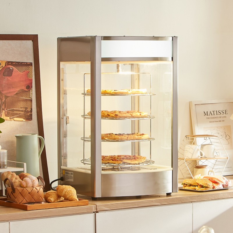 Lämpökaappi lasivitriinillä nelitasoinen 14 tuuman pizzoille lämpötilansäädöllä höyrylämmityksellä pyörivällä rakenteella