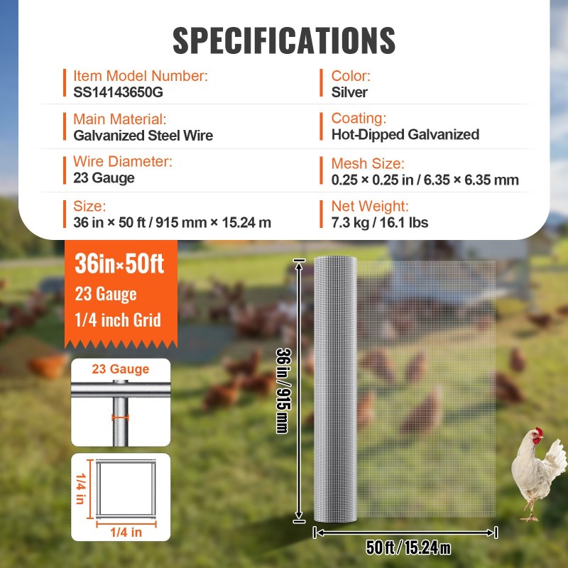 Kuumasinkitty hitsattu teräsverkko 915 mm x 15,24 m 6,35 mm silmäkoko