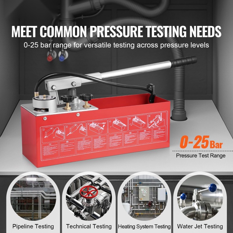 Hydraulinen manuaalinen painekoepumppu 10 litran vesisäiliöllä 25 barin maksimipaineella 1,4 metrin letkulla