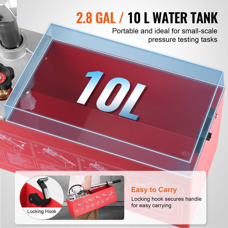 Hydraulinen manuaalinen painekoepumppu 10 litran vesisäiliöllä 25 barin maksimipaineella 1,4 metrin letkulla