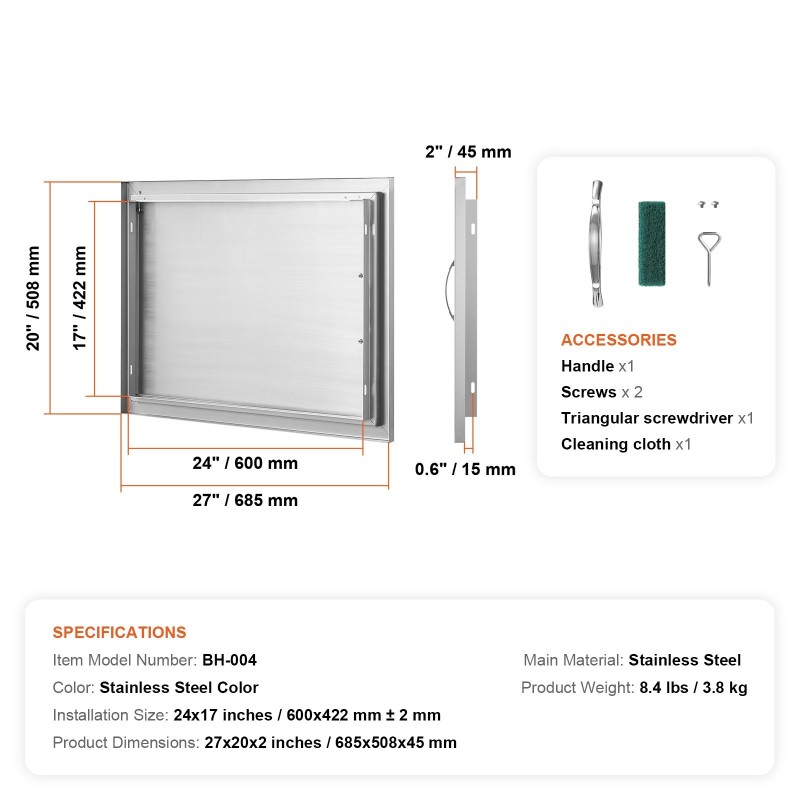 Ulkokeittiön eristysovi ruostumaton teräs yksilehtinen upotettava 685x508 mm kahvalla