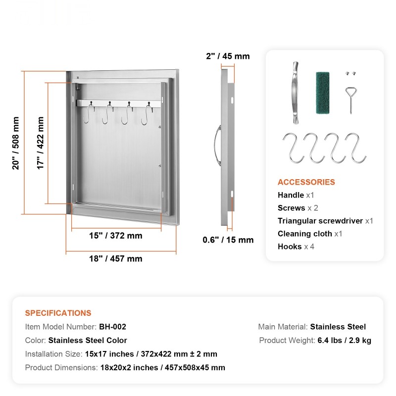 Upotettava ruostumaton teräs ulkokeittiön kaapin luukku kahvalla 457x508 mm