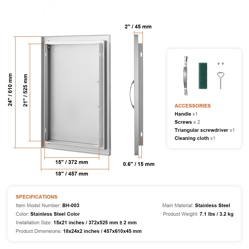 Ulkokeittiön seinään upotettava ruostumaton teräsovi 457x610 mm kahvalla