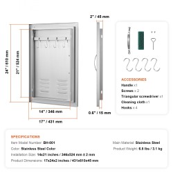 Ulkokeittiön ovi ruostumatonta terästä 610x431 mm kahvalla irrotettava
