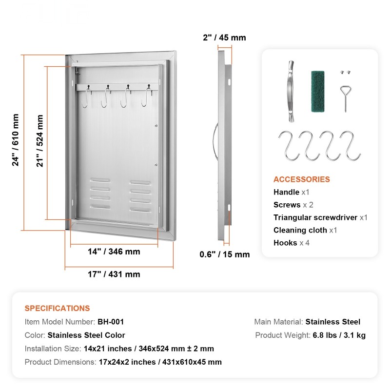 Ulkokeittiön ovi ruostumatonta terästä 610x431 mm kahvalla irrotettava