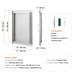 Kaappiovi ruostumattomasta teräksestä 432x610x46 mm ulkokeittiöön kahvalla seinään upotettava