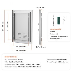Ulkokeittiön huolto-ovi ruostumatonta terästä 356x508 mm yksiovinen kahvalla irrotettava