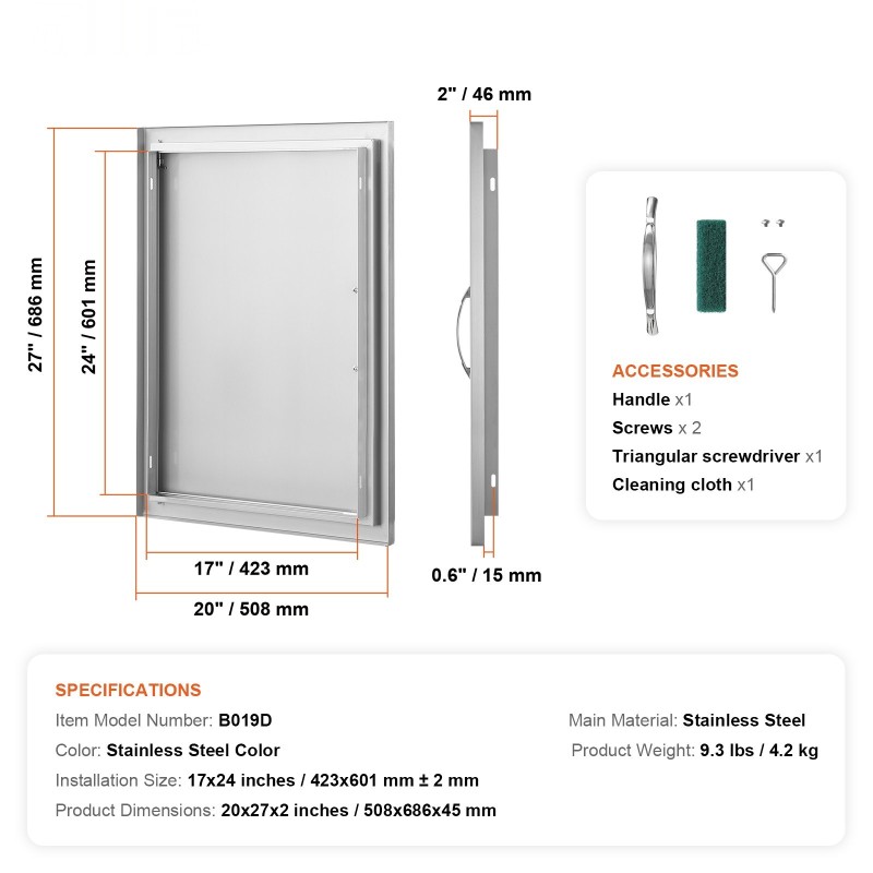 Ruostumaton teräs kaapin luukku 508x686x46 mm yksiosainen kahvallinen ulkokeittiöön