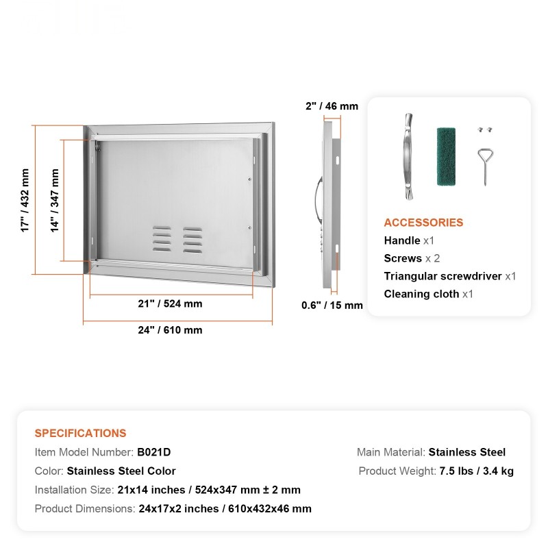 Teräsovi ulkokeittiöön ruostumattomasta teräksestä 610x432 mm yksiosainen saumaton kahvallinen