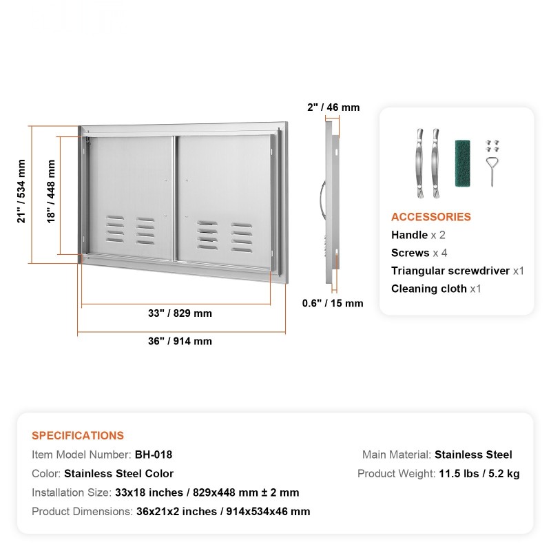Seinään upotettava kaksiosainen ulkokeittiön kaapin ovi kahvalla ruostumattomasta teräksestä 914x534 mm