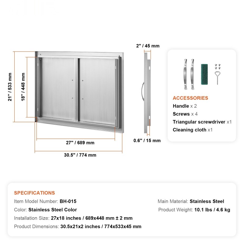Ulkokeittiön kaksoisovi ruostumattomasta teräksestä 774x533 mm uppoasennettava kahvoilla