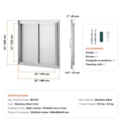 Ulkokeittiön saumaton huolto-ovi ruostumatonta terästä 660x609 mm kahvoilla