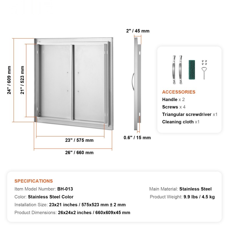 Ulkokeittiön saumaton huolto-ovi ruostumatonta terästä 660x609 mm kahvoilla