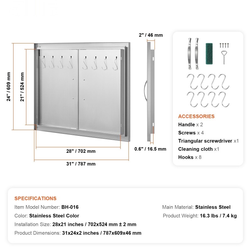 Kaksoisovi ulkokeittiöön ruostumatonta terästä 787x609 mm ulkokaappeihin