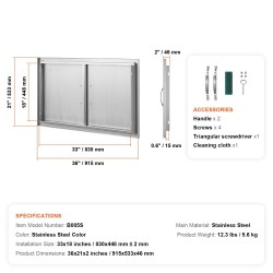 Ulkokeittiön kaksiosainen ruostumaton teräsovi 915x533x46 mm kahvoilla