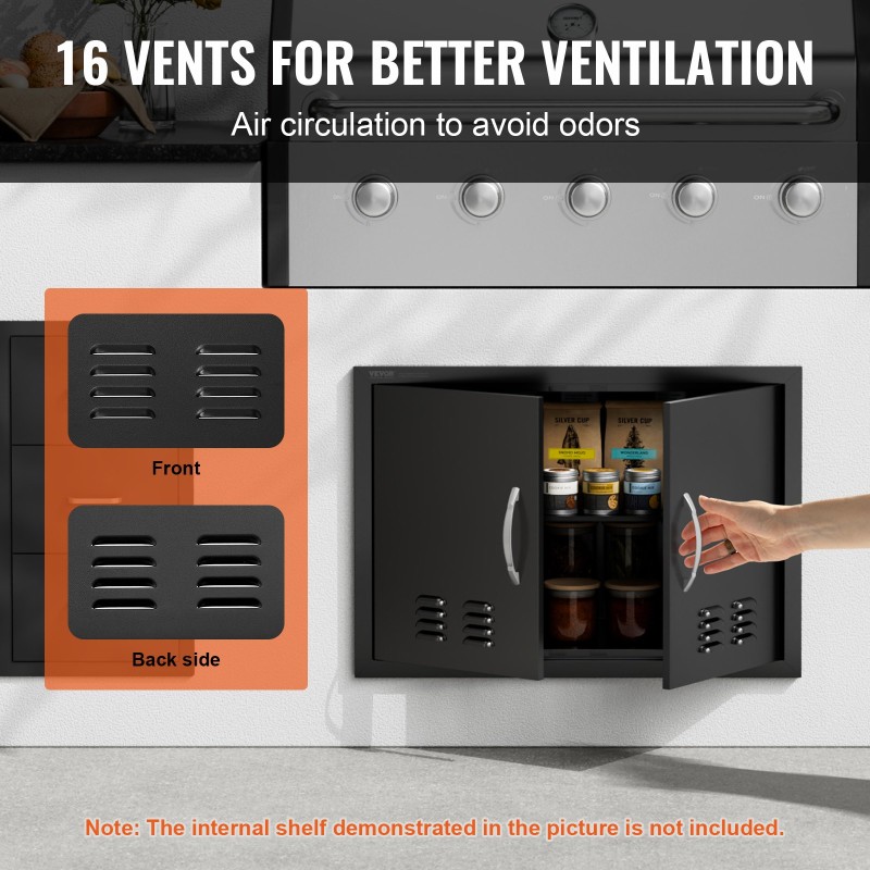 Teräsovi ulkokeittiöön kaksiosainen kylmävalssattu 762x533 mm mattamusta vetimillä ja ilma-aukoilla