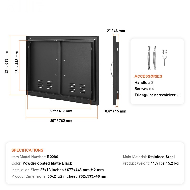Teräsovi ulkokeittiöön kaksiosainen kylmävalssattu 762x533 mm mattamusta vetimillä ja ilma-aukoilla