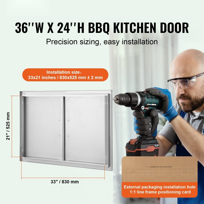 Ulkokeittiön kaksiosainen ruostumaton teräsovi 915 x 610 mm seinään asennettava ergonomisilla kahvoilla