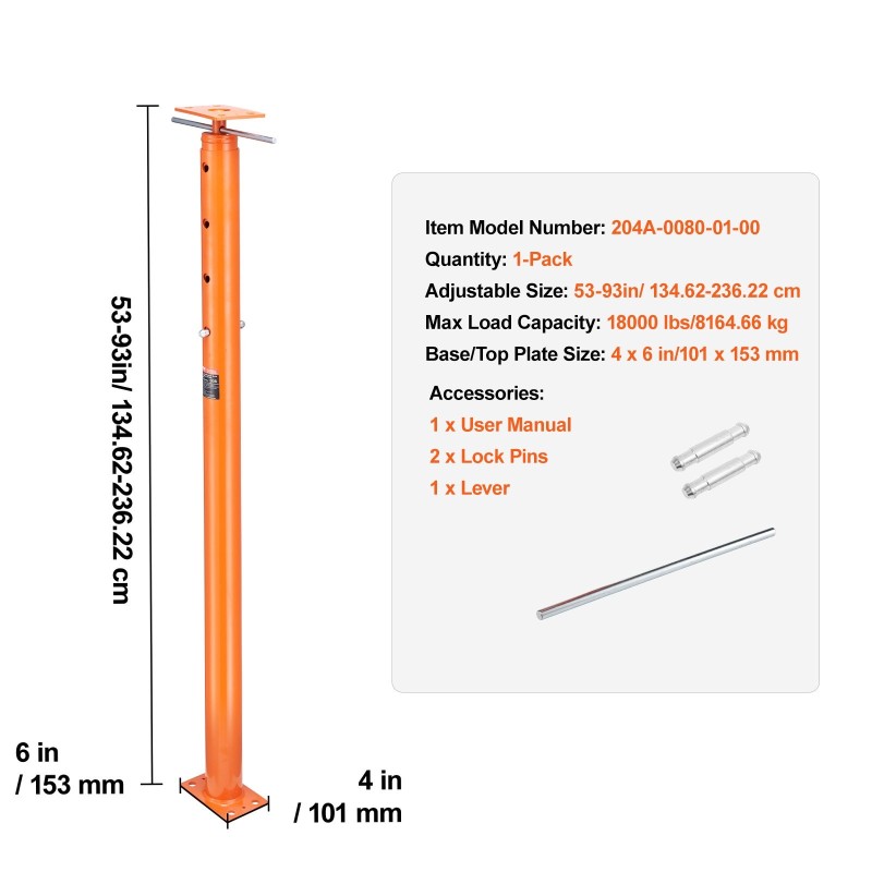 Teräksinen lattiatunkki säädettävä korkeus 134–236 cm maksimi 8165 kg 1 kpl