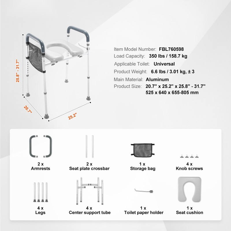 wc-koroke alumiinirunkoinen 7-portainen 490–640 mm 158,7 kg pehmustettu istuin