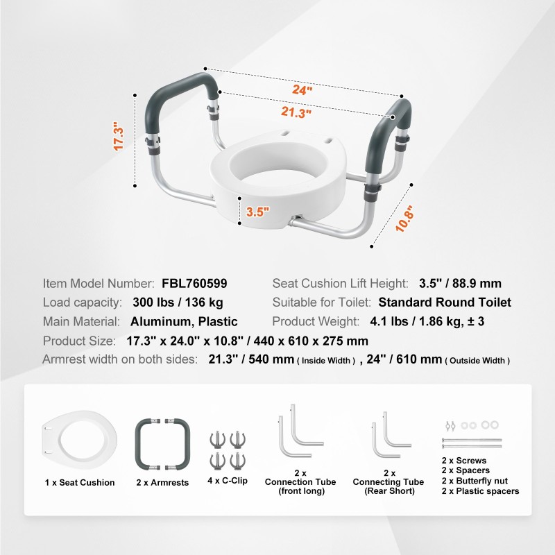 Korotettu wc-istuin 88,9 mm korotus alumiini muovi pehmustetut käsinojat 136 kg kantavuus