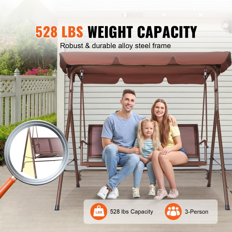 Puutarhakeinu seosteräsrunko kolmelle ruskea Teslin kangas säädettävä aurinkokatos