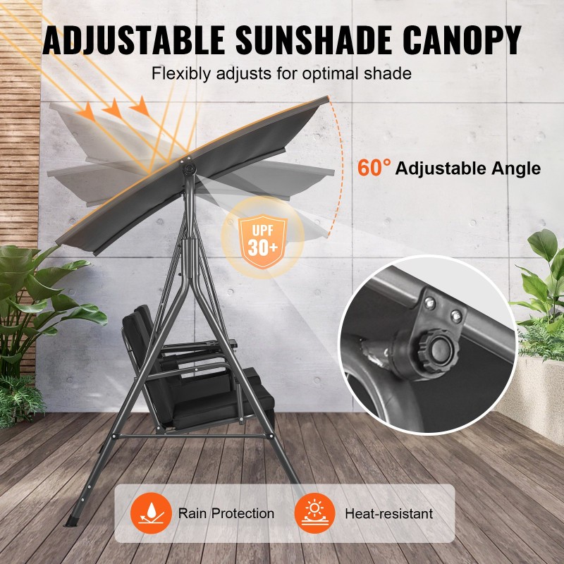 2-paikkainen ulkokeinu seosteräsrunko Oxford-kangasilla säädettävällä katoksella musta