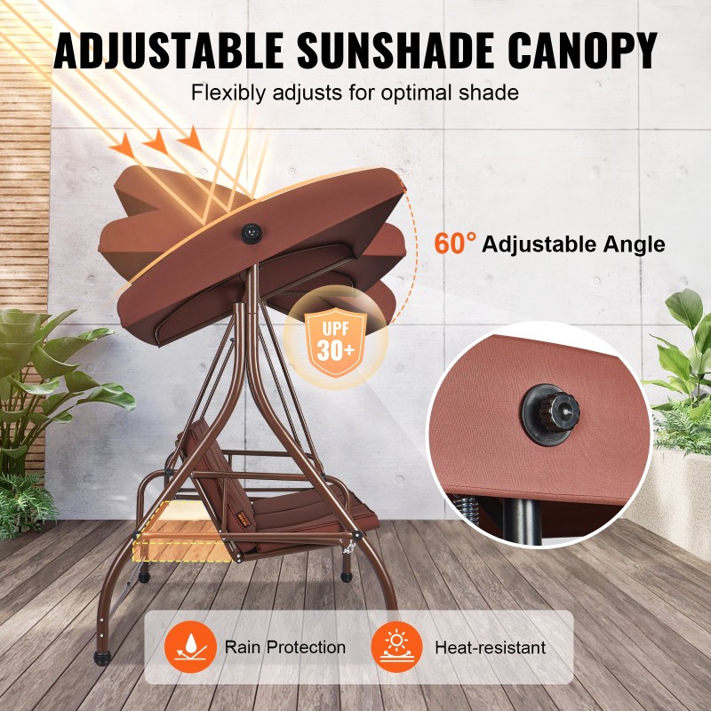 3-paikkainen ulkokeinu jauhemaalatulla teräsrungolla ruskea säädettävällä katoksella irrotettavalla paksulla tyynyllä