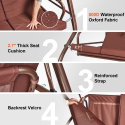 3-paikkainen ulkokeinu jauhemaalatulla teräsrungolla ruskea säädettävällä katoksella irrotettavalla paksulla tyynyllä