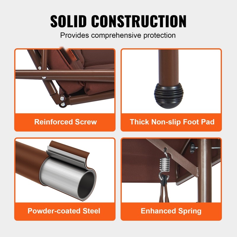 3-paikkainen ulkokeinu jauhemaalatulla teräsrungolla ruskea säädettävällä katoksella irrotettavalla paksulla tyynyllä