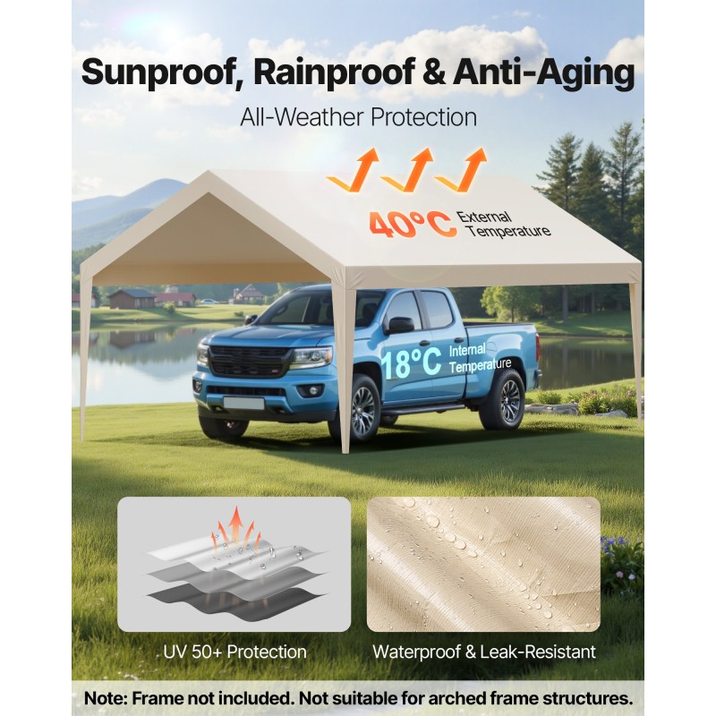 Autokatoksen vaihtopeite 210g PE-kudottu 3,6 x 6 m vedenpitävä UV-suojattu beige