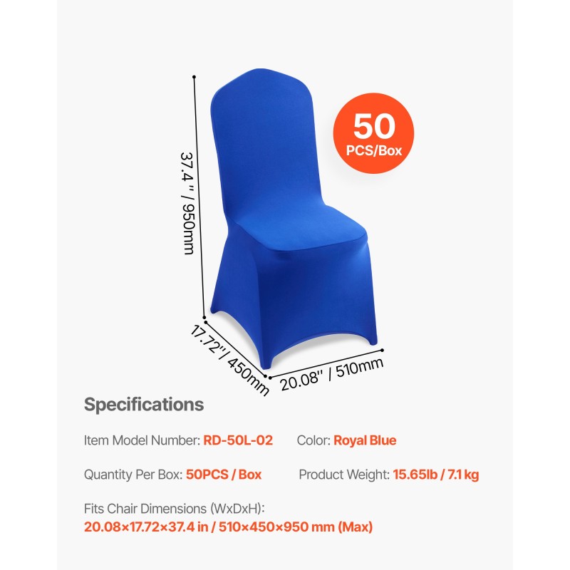 Tuolinpäälliset polyesteri-spandex-seos 50 kpl kuninkaansininen tasapintaisille tuoleille 510×450×950 mm