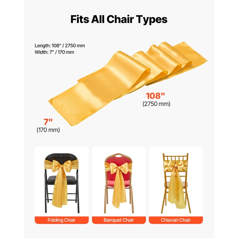 Satiiniset tuolinauhat 275 cm pitkät 17 cm leveät 100 kpl kulta häihin