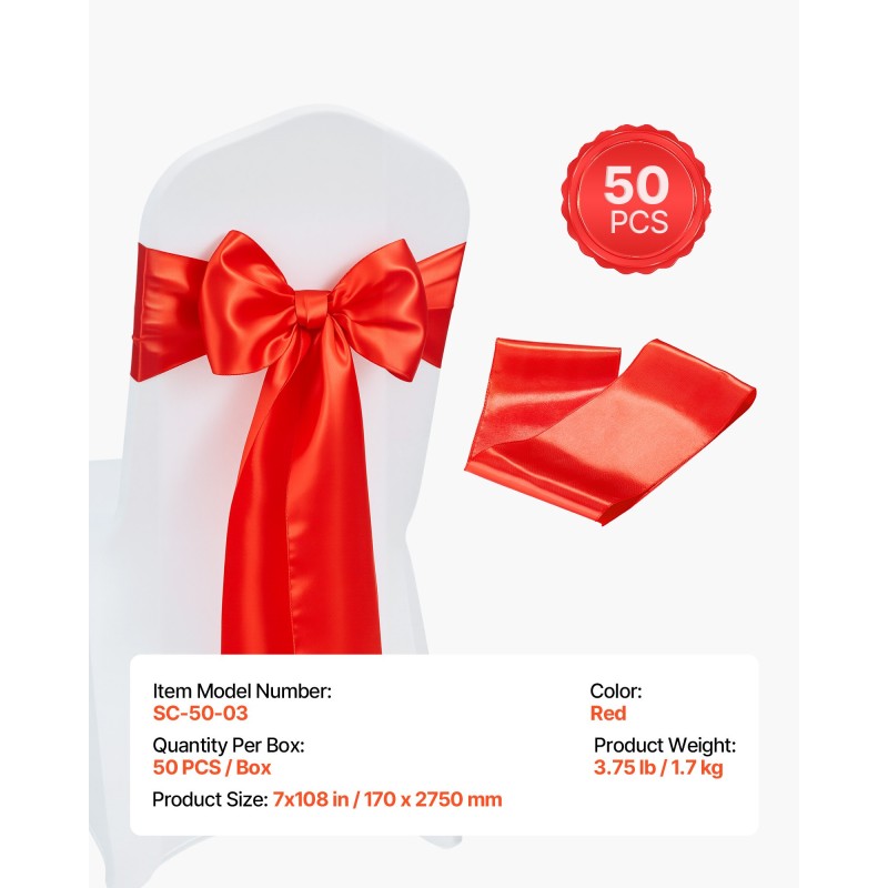 Satiiniset tuolinauhat 50 kpl 170 x 2750 mm punainen häihin ja juhliin