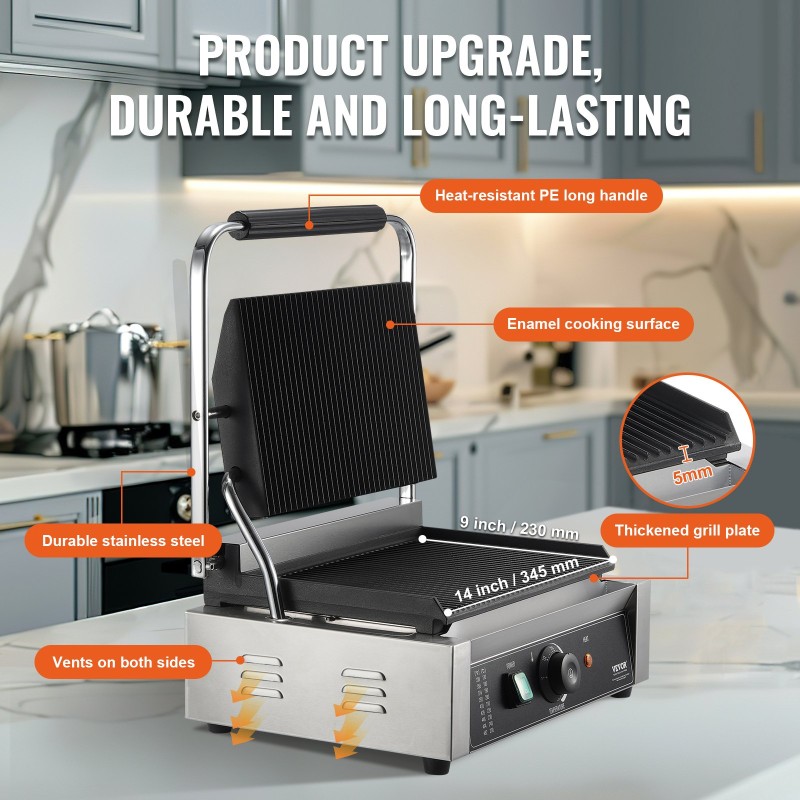 Kaupallinen sähköinen paninigrilli ruostumatonta terästä paistolevy 35,6 x 22,9 cm