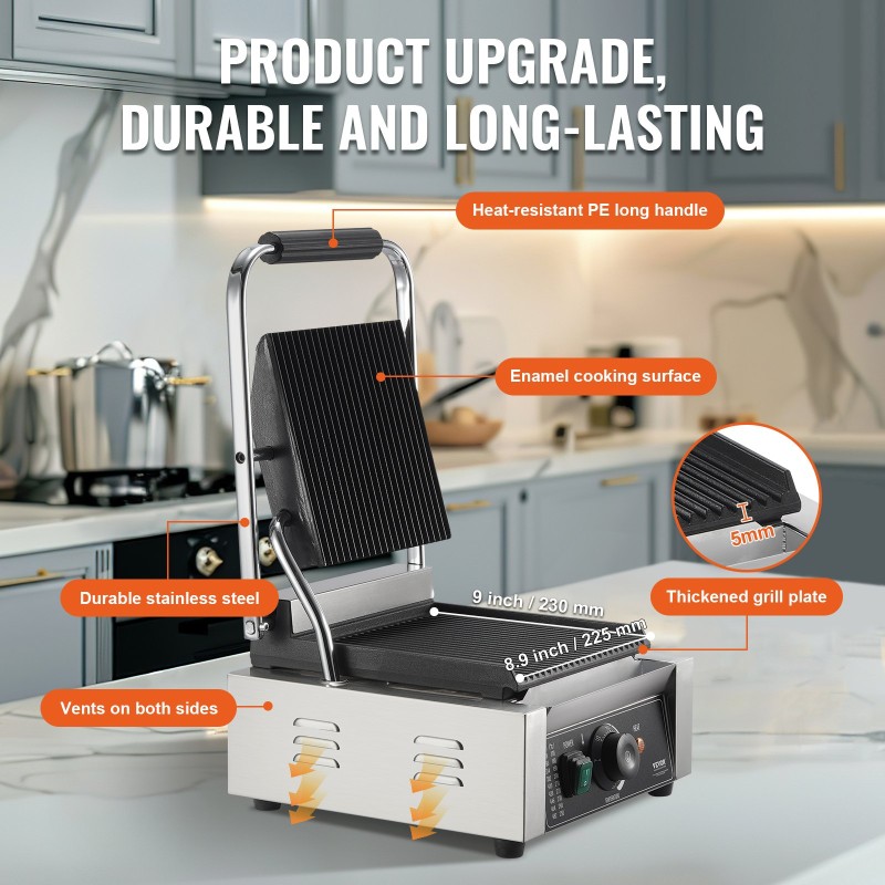 Sähköinen paninigrilli 1800W ruostumaton teräs 23x23 cm täysurattu emaloitu paistolevy