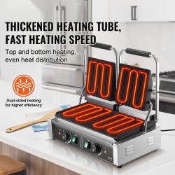 Kaupallinen sähköinen paninigrilli ruostumattomasta teräksestä 3600W kaksitasoinen säädettävä lämpötila 50–300 °C